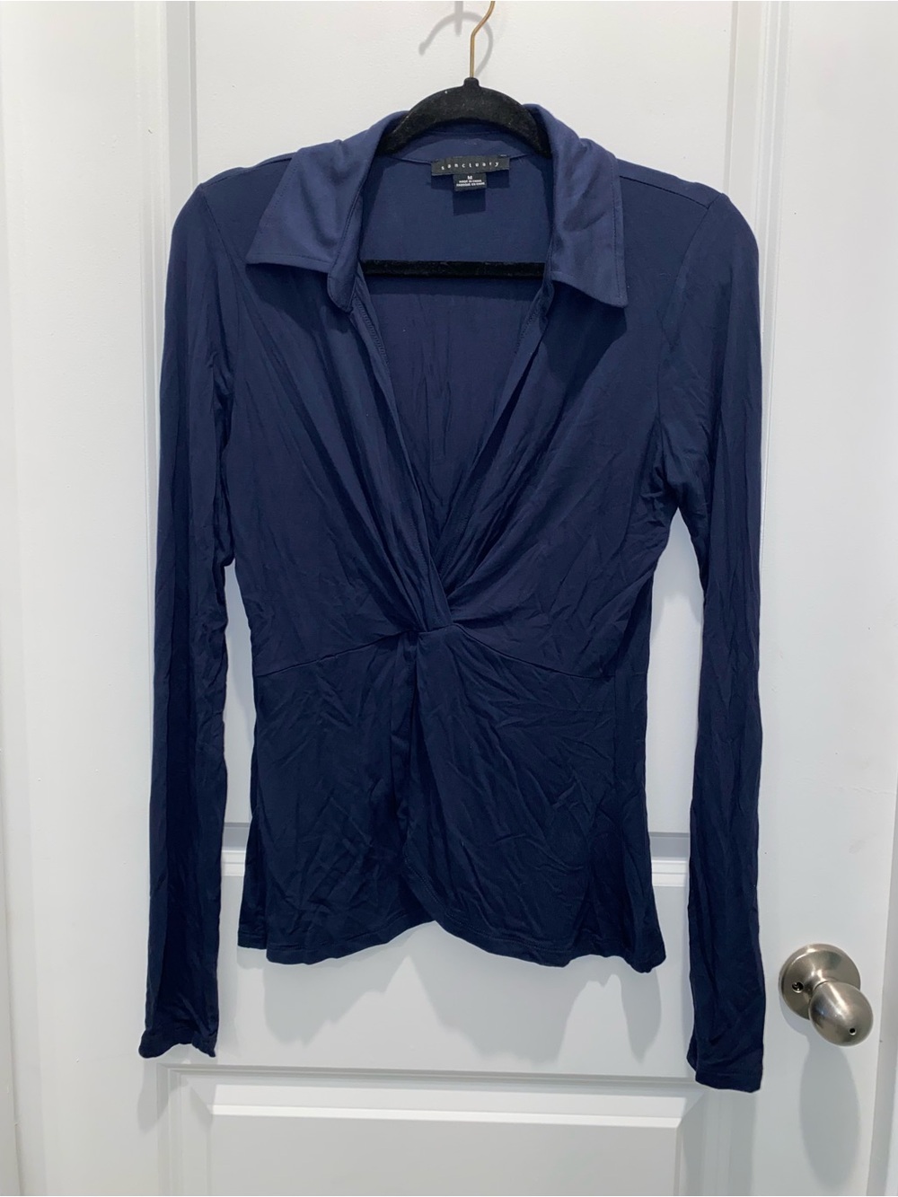 Sanctuary Navy Twist-Front Collared Long Sleeve Top